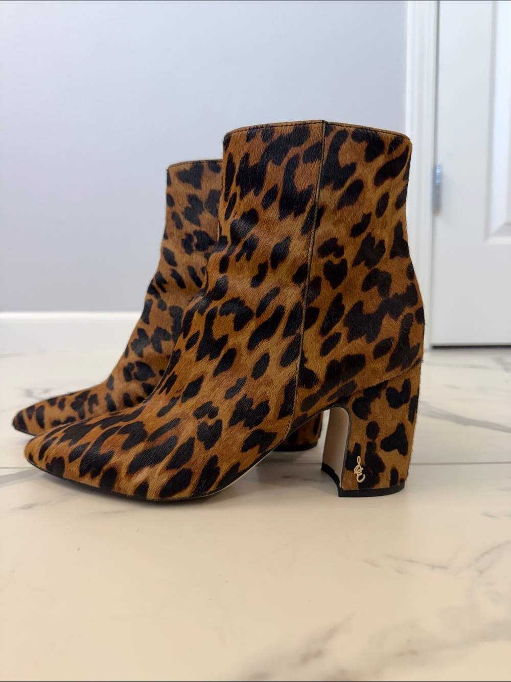 Leopard Print Block Heel Ankle Boots - Brown/Black